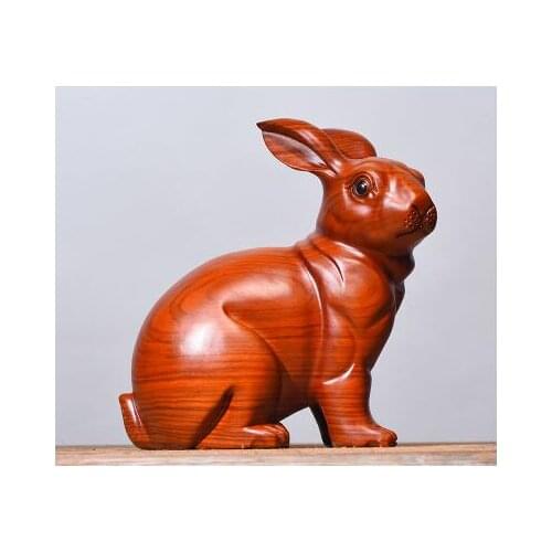 Yellow flower pear solid wood carving rabbit animal zodiac household living craft home decoration statue factory direct selling