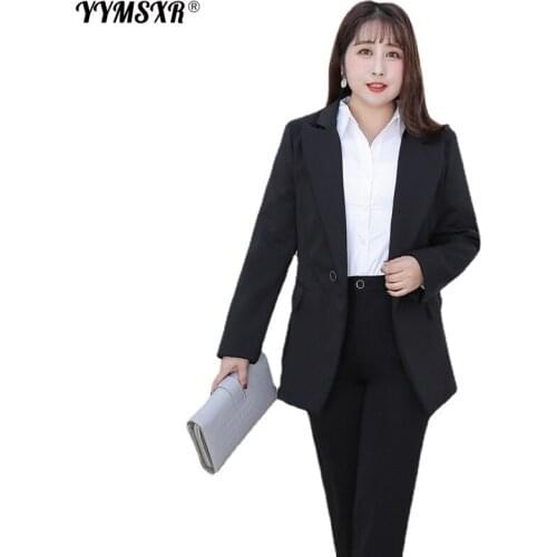 Large Size Womens XL-9XL Women Suit Professional Black Formal Loose Long-sleeved Jacket 2-piece Casual Trousers Set