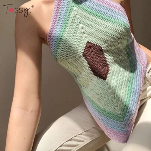 Tossy Sexy Slim Argyle Vest Sweater Streetwear Y2K Halter Knitted Vest Korean Cropped Backless For Inner Casual Cute Tank Tops