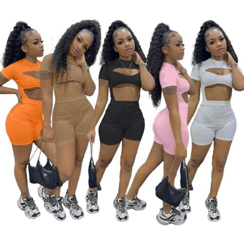 Echoine Fitness Yoga Sporty Outfit Lady Sexy Solid Short Sleeve Hollow Bodysuit Top Shorts Casual Two Piece Set Tracksuit Summer