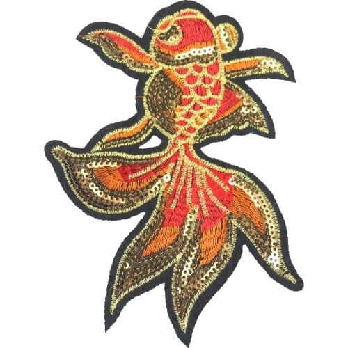 2PCS Sequined Goldfish Patch Iron on Patches for Clothing Animal Carp Embroidered Applique Sticker Decor DIY Apparel Accessories