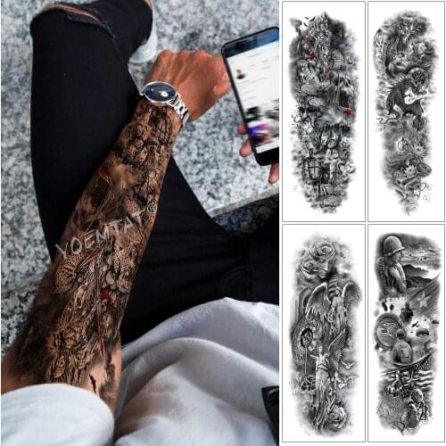 Large Arm Sleeve Tattoo Skull King Wild Leopard Waterproof Temporary Tattoo Sticker Warrior Soldier Men Full Skull Totem Tatoo