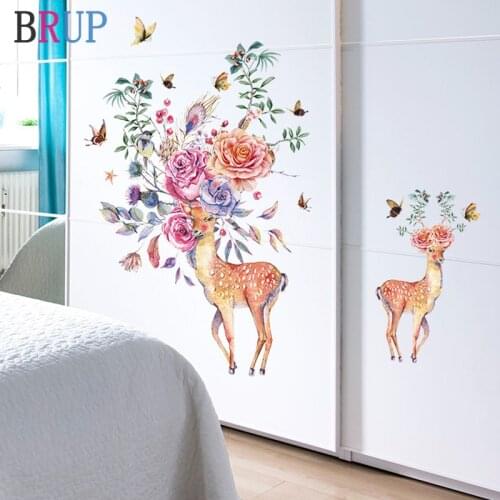 Colorful Flower Deer Wall Stickers Butterfly Home Decor Wardrobe Decoration Animals Art Wallpaper DIY PVC Vinyl Wall Decals