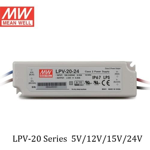 Mean Well Switching power supply Lpv-20 20w 5v 12v 15v 24v Constant voltage waterproof Plastic LED Driver Ip67 ac dc meanwell