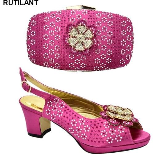 Italian Matching Shoe and Bag Set Fuchsia Color Italian Shoes and Shoe and Bag Set Decorated with Rhinestone Buckle Strap Party