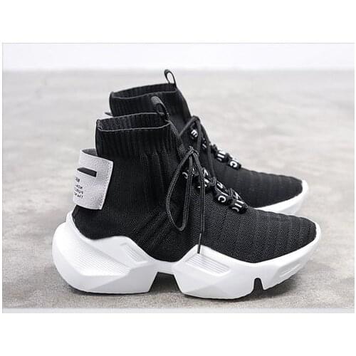 Mesh breathable female casual sports shoes fashion fly weave socks shoes high top sneakers women vulcanized shoes woman autumn