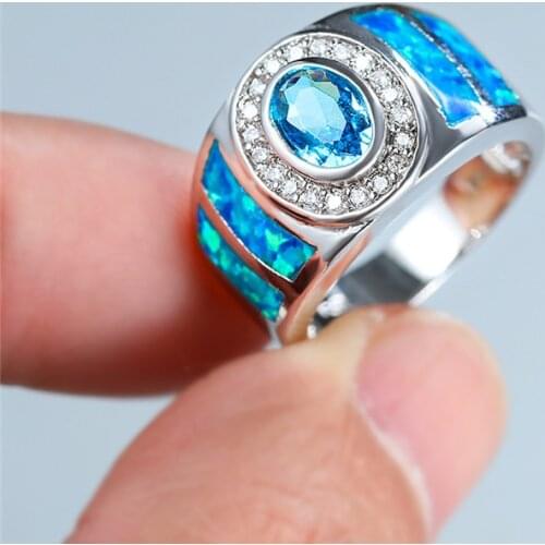 Dainty Female Aqua Blue Crystal Ring Vintage Opal Silver Color Wedding Rings For Women Simple Oval Big Engagement Ring