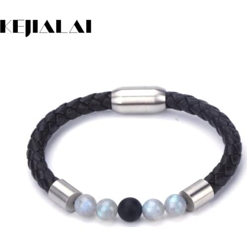 KEJIALAI 8mm Natural Flash Stone Bead Stainless Steel Charms Genuine Leather Person Make Unisex Bracelet Bangle B5017