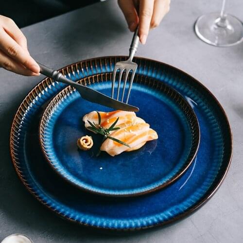 KINGLANG Creative Nordic ceramic plate blue stripe flat plate household ceramic plate western plate pasta steak plate