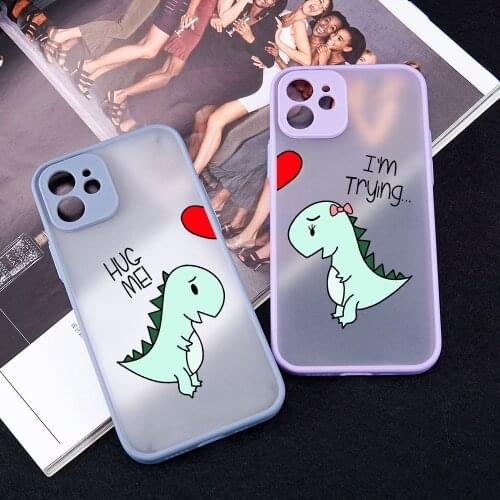 Plain Lovers Pairs Cute Cartoon Dinosaur Pattern Phone Case Matte Cover for iPhone 11 12 Pro Max X XS XR 6s 7 8 Plus SE2 Mini