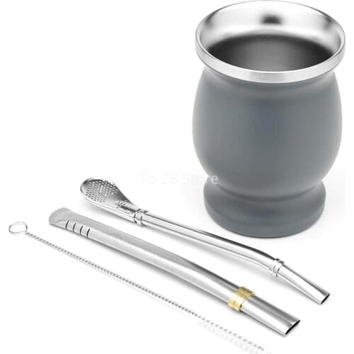 Yerba Mate Cup And Bombilla Set -Includes One Yerba Mate Cup, Two Bombilla Mate (Straw) and Brush - Stainless Steel Double-Wall