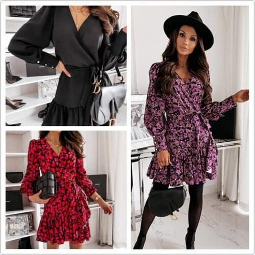 2021 New Womens Dresses Popular V Neck Long Sleeves Plaid Floral Dress for Women Spring Summer Casual Ladies Dress Knee Length