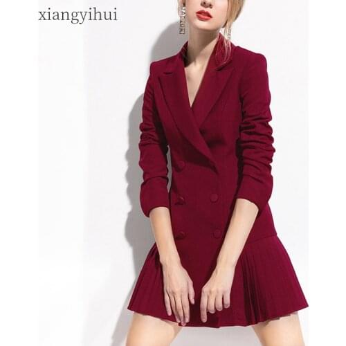 Pleated Notched Collar Dress Fashion Double-breasted Long Sleeve Black High Waist Blazer Dresses Party Office OL Work Dress
