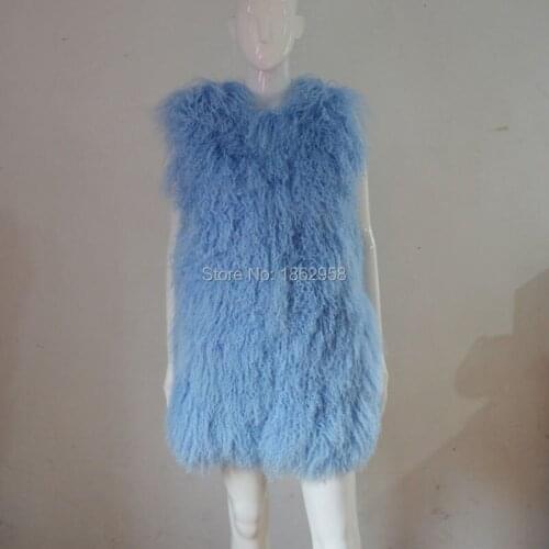 SJ036-02 Round Neck Design Mongolia Sheep Fur Garment Winter Women Light Blue 75cm Clothing Factory