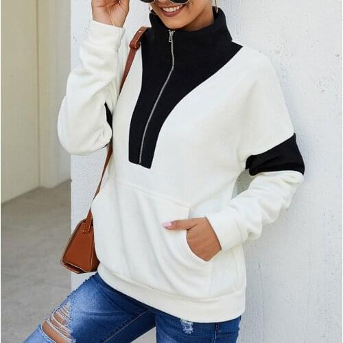 2019 Color Contrast Patchwork Hoodie Women Autumn Winter Zipper Kangaroo Sweatshirts Casual Pullover Hoodies Female Coat 1010
