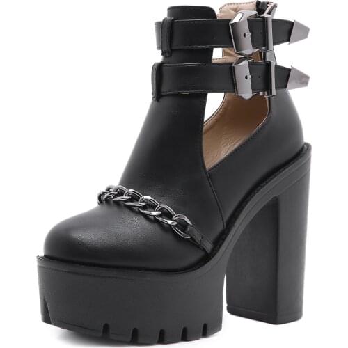 Spring Autumn Fashion Ankle Boots For Women High Heels Casual Cut-outs Buckle Round Toe Chain Thick Heels Platform Shoes Large