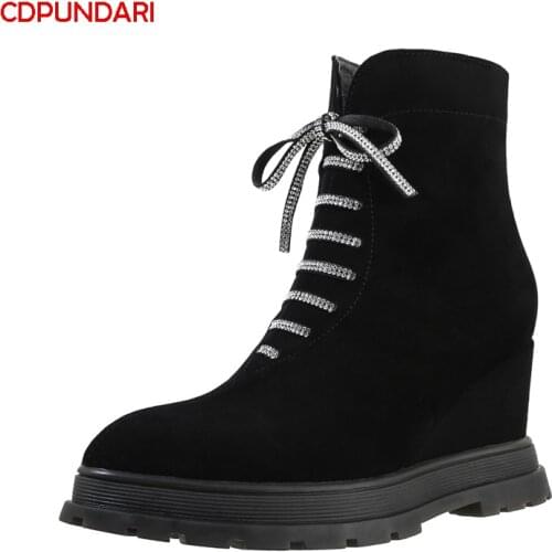 Black Genuine Leather Wedges Ankle Boots For Women Winter High Heels Platform Boots Shoes Bottes Plateforme Femme Botines Mujer