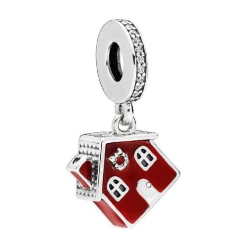 Genuine 925 Sterling Silver Bead Cosy Christmas House Dangle Charm Red Enamel Fit Women Pan Bracelet & Necklace Jewelry
