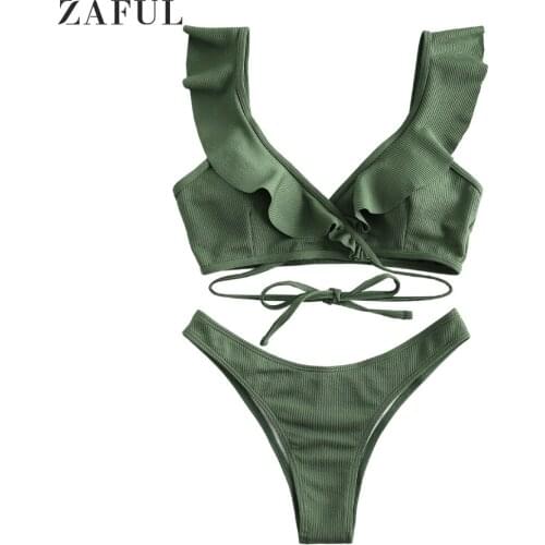 ZAFUL Sexy Bikinis Set Women Ruffle Ribbed Tie Swimsuit Padded Plunging Swimwear Solid Summer Sexy Female Beachwear Bathing Suit