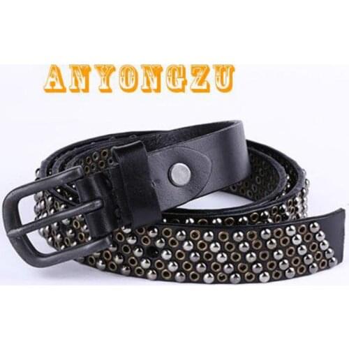 ANYONGZU Women Real Cowhide Red Belt Rivet Solid Color Smooth Top Layer Fashion Matching Jeans Buckle Needle Button Luxury Gift