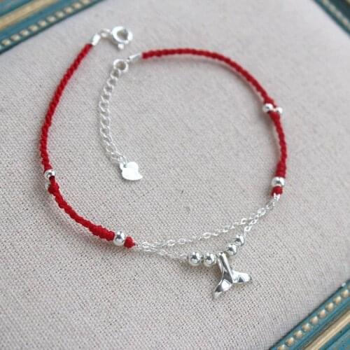 La Monada 22+3cm Fish Tail Red Thread For Hand 925 Sterling Silver Bracelet String Rope Red Thread Bracelet For Women Silver 925