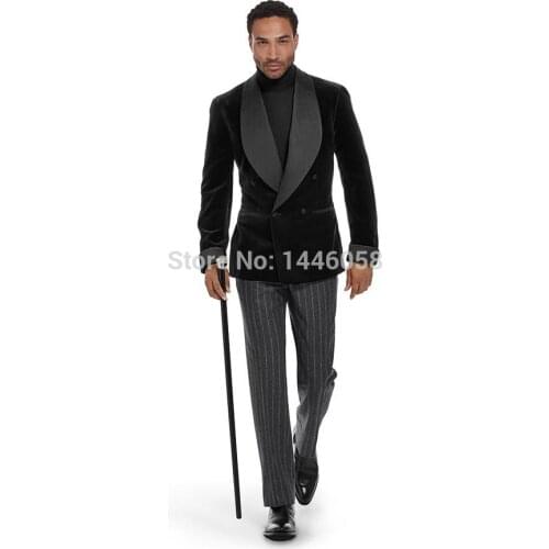 2020 Italian Morning Style Grey Stripe Pants Men Suit Custom Made Double Breasted Black Velvet Blazer Groom Suit Wedding Tuxedo