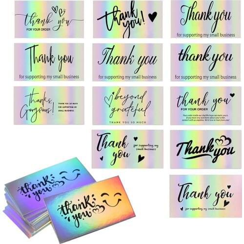50 Pcs/Pack Thank You Cards for Business Holographic Mini Rainbow Card Business Card for Gift Package Decoration