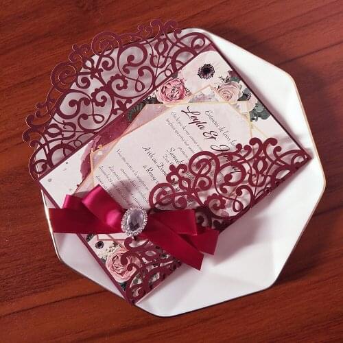 50x Luxury Burgundy Shiny Wedding Invitation with Crystal Rhinestone And Ribbon DIY Flower Print Greeting Gift Cards for Party