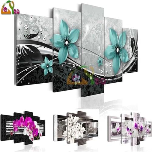 5d DIY Diamond Embroidery 5 Panels Flowers Art Wall Painting Diamond Painting Orchid Flower Full Drill Mosaic Cross Stitch Decor
