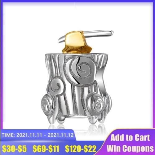 AGATA 100% 925 Sterling Silver Charms Gold Plate Natural Tree Stump with Axe Beads DIY Fit Original Pandora Bracelet Jewelry