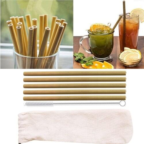Behogar 5PCS 20cm Reusable Eco-friendly Biodegradable Bamboo Drinking Straws with Cleaning Brush Cloth Bag for Cafe Bar Home Use