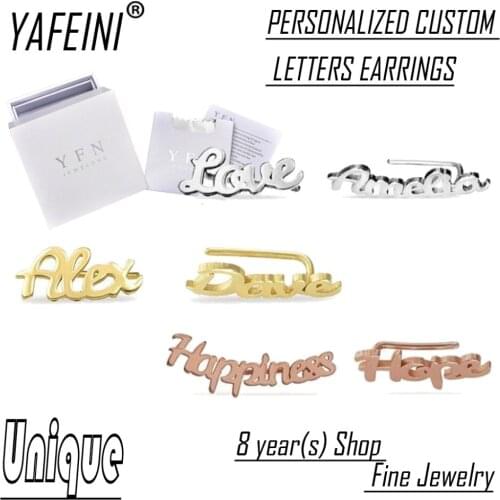 YAFEINI Brand Fine Jewelry Unique Custom Asymmetrical Name Stud Earrings 925 Sterling Silver With Gift Box 3 Color
