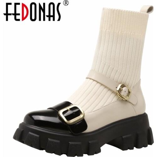 FEDONAS New Platforms Buckle Women Ankle Boots Autumn Winter Genuine Leather Thick Heels Knitting Shoes Woman Brand Socks Boots
