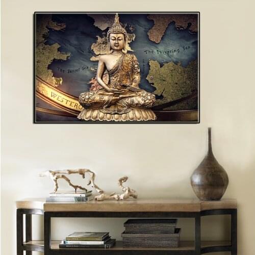 Religious Buddha Icon Canvas Painting Gold Abstract Buddhist Poster and Prints Wall Art Picture for Living Room Home Decor
