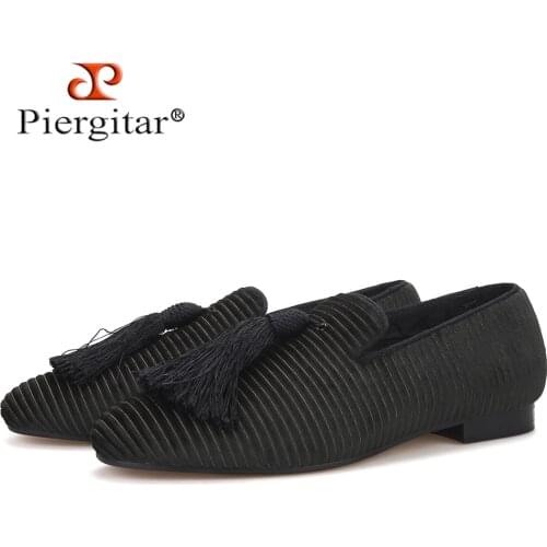 Piergitar New brown color stripe cotton men loafers with fashion tassel handmade mens casual shoes party and wedding men shoes