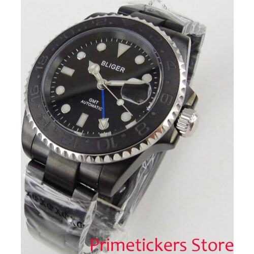 Sapphire glass 40mm PVD coated case GMT black brushed bezel automatic movement mens watch