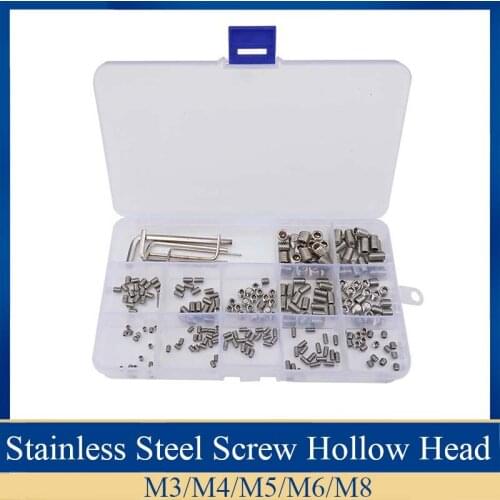 M3/M4/M5/M6/M8 Tiny Hex Socket Set Screws Wrenches Assorted Kit Stainless Steel Set with Hex Keys screw hollow head 240pcs