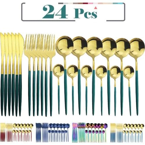 24Pcs Dinnerware Set Stainless Steel Cutlery Set Kitchen Glossy Gold Tableware Set Knife Fork Spoon Black Gold Silverware Sets