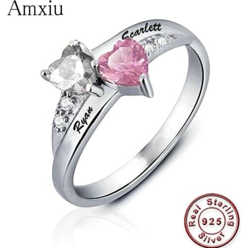 Amxiu Custom 100% 925 Sterling Silver Wedding Ring Engrave Two Names AAA Zircon Birthstones Heart Rings For Bridal Women Bijoux