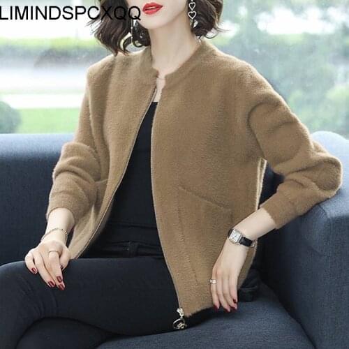 Solid Soft Wool Cardigan Warm Coat Female Zipper Sweater Jacket Teens Crop Tops Long Sleeve Elegant Outerwear Spring Fall Red