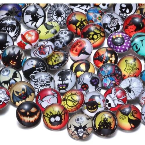 RoyalBeier 50pcs/lot Halloween Theme Glass Charms 18mm Snap Button For 20mm Snaps Bracelet Snap Jewelry KZHM092