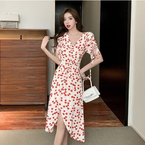 Sexy Summer Casual Midi Dress Ladies Elegant Vintage V-Neck Puff Sleeve Drawstring Print Split Bohemian Beach Sundress Vacation