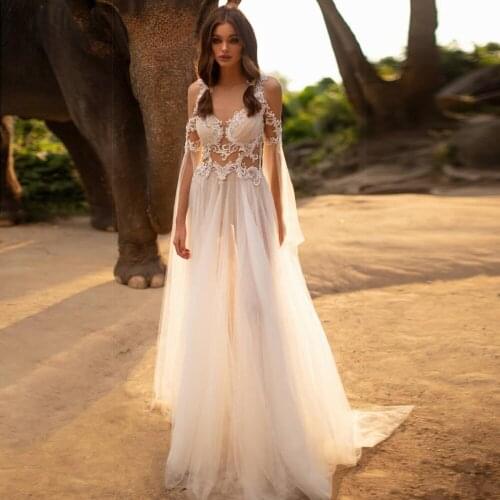 Tempting High Neck Off The Shoulder A Line Wedding Dresses with Flare Sleeve Lace Sheer Illusion Tulle Bridal Dress Wedding Gown