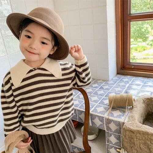 Girls' sweater 2021 autumn Korean girl baby striped knitted sweater pleated skirt college style two-piece set