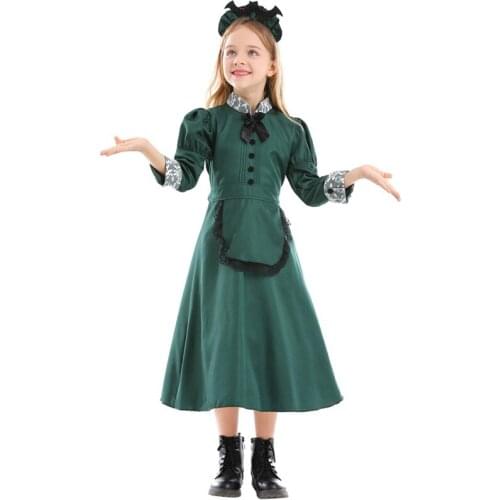 Mysterious Castle bat Vampire Maid Cosplay Girls Halloween Costume For Kids Carnival Party Dress Up Lace dresses Long uniform