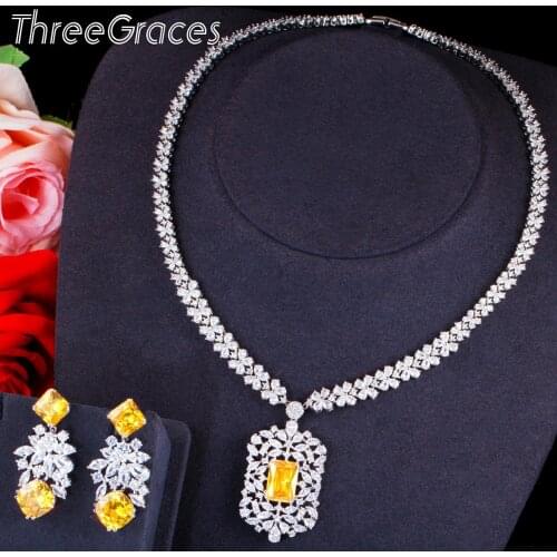 ThreeGraces Elegant Yellow Square Cubic Zirconia Crystal Silver Color Bridal Wedding Jewelry Sets for Women Party Wear TZ576