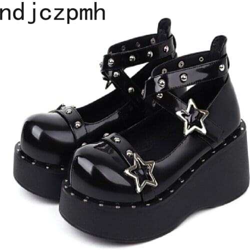 Big Size 34-43 Brand New Girl Lolita Mary Janes Pumps Wedges High Heels Women Pumps Platform Gothic Metal Decoration Shoes Woman
