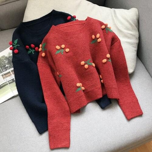 Urifens Cherry Embroidery Red Short Sweater Women 2021 Autumn And Winter Korean Loose Kwaii Pullover Female Chic Jumper BT73U