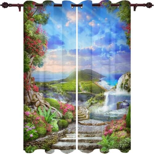 Waterfall Mountain Flower Kitchen Curtain Kids Bedroom Living Room Balcony French Windows Curtain Fabric Pergola Bathroom