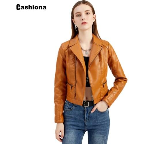 Cashiona Plus Size Women Faux Pu Leather Jackets Autumn Short Top Zipper Outerwear Slim Biker Jacket Sexy Womens Clothing 2021